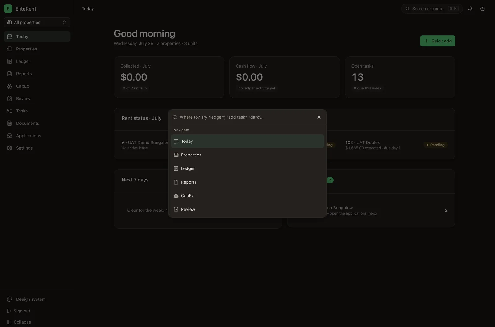 EliteRent command palette open over the dashboard, ready to navigate, quick-add a task, or ask a question.