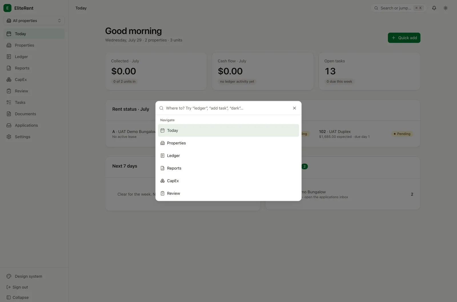 EliteRent command palette open over the dashboard, ready to navigate, quick-add a task, or ask a question.