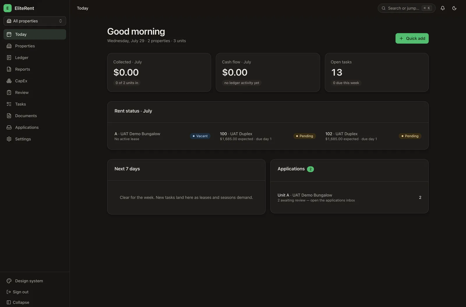 EliteRent “Today” home showing rent status across units, portfolio cash flow, open tasks, and the application inbox.