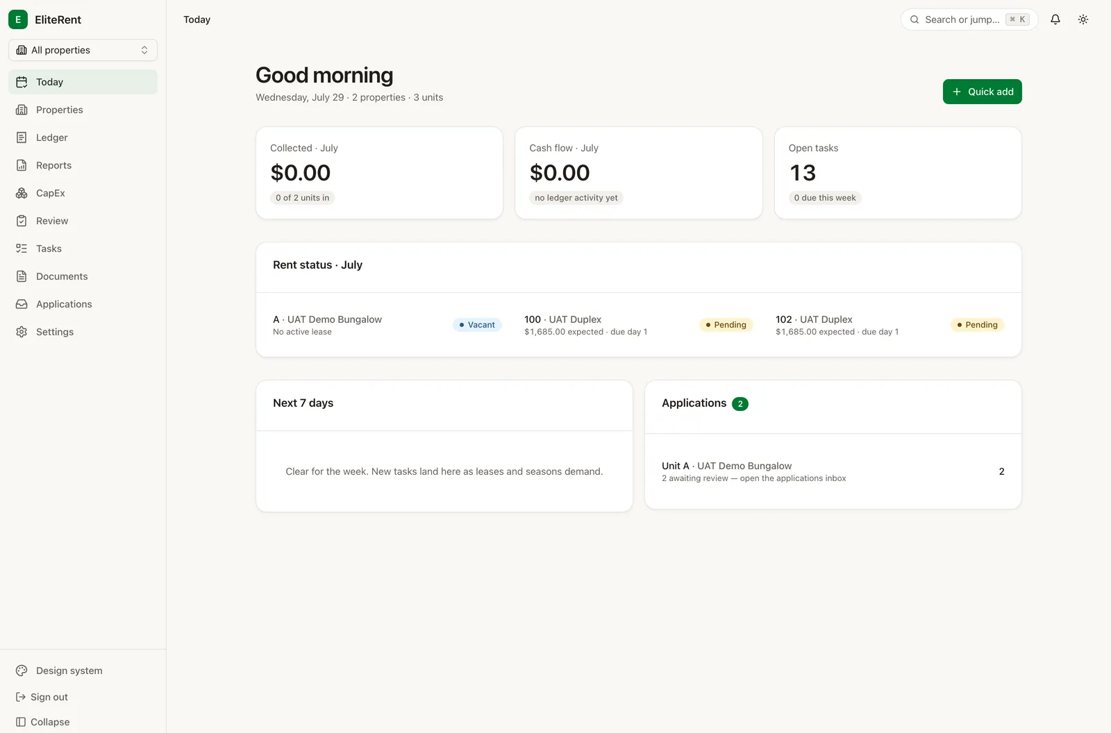 EliteRent “Today” home showing rent status across units, portfolio cash flow, open tasks, and the application inbox.